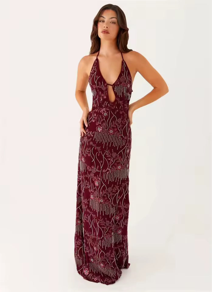Damen Neckholder Maxikleid mit tiefem V-Ausschnitt und offenem Rücken