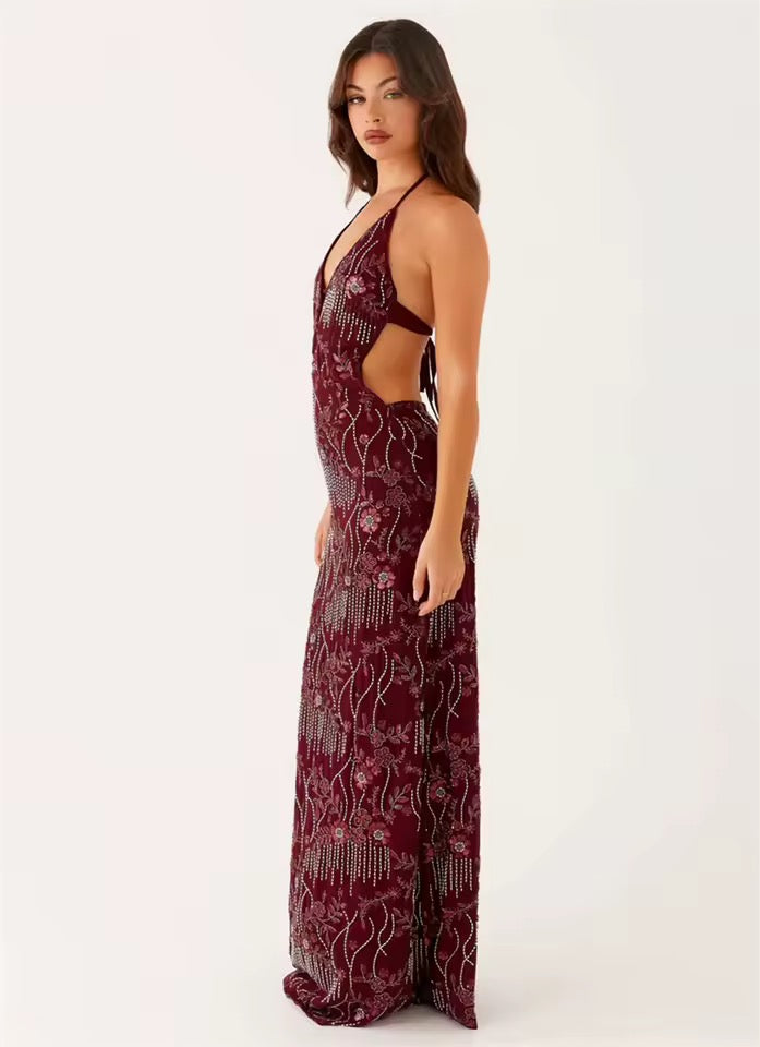 Damen Neckholder Maxikleid mit tiefem V-Ausschnitt und offenem Rücken