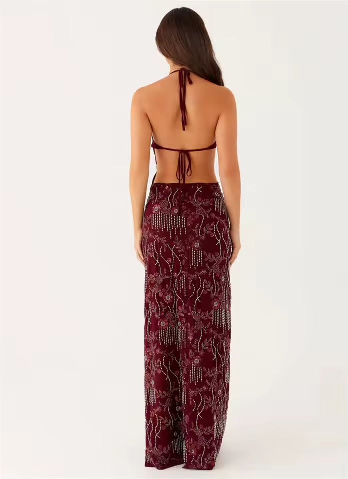 Damen Neckholder Maxikleid mit tiefem V-Ausschnitt und offenem Rücken
