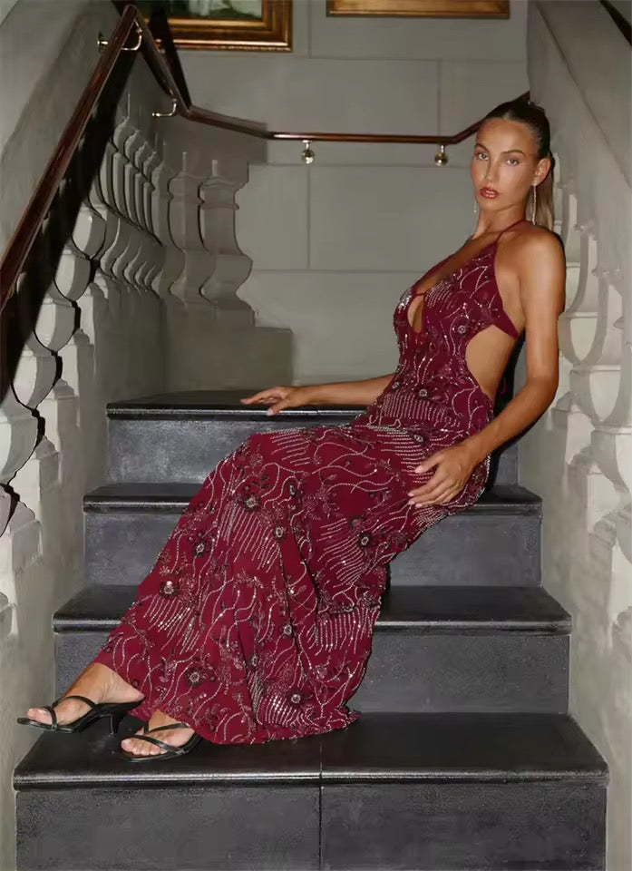 Damen Neckholder Maxikleid mit tiefem V-Ausschnitt und offenem Rücken