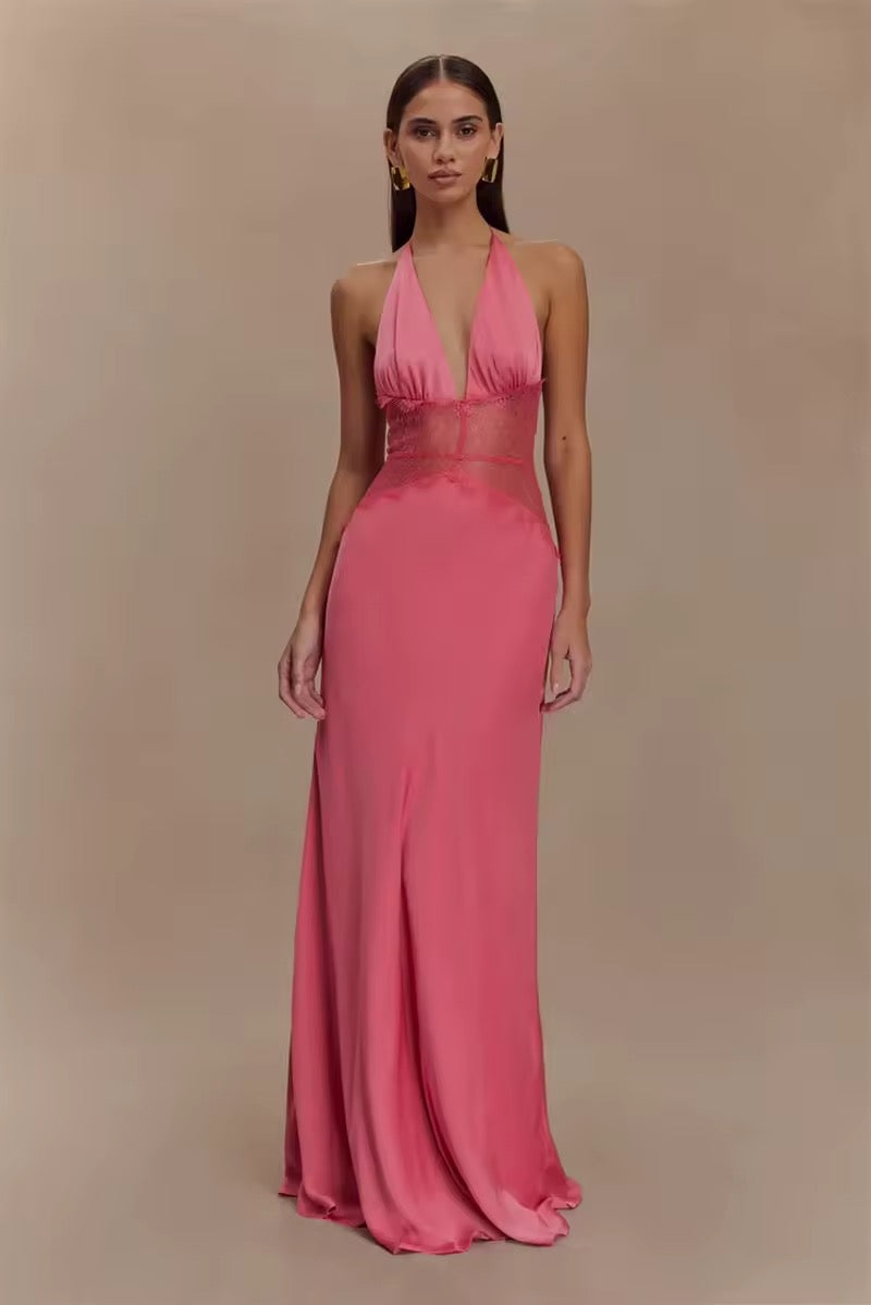 Damen Neckholder Maxikleid mit tiefem V-Ausschnitt und Spitzeneinsatz