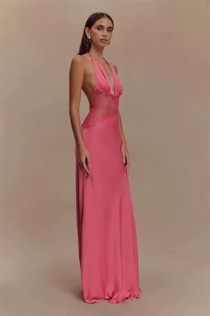 Damen Neckholder Maxikleid mit tiefem V-Ausschnitt und Spitzeneinsatz