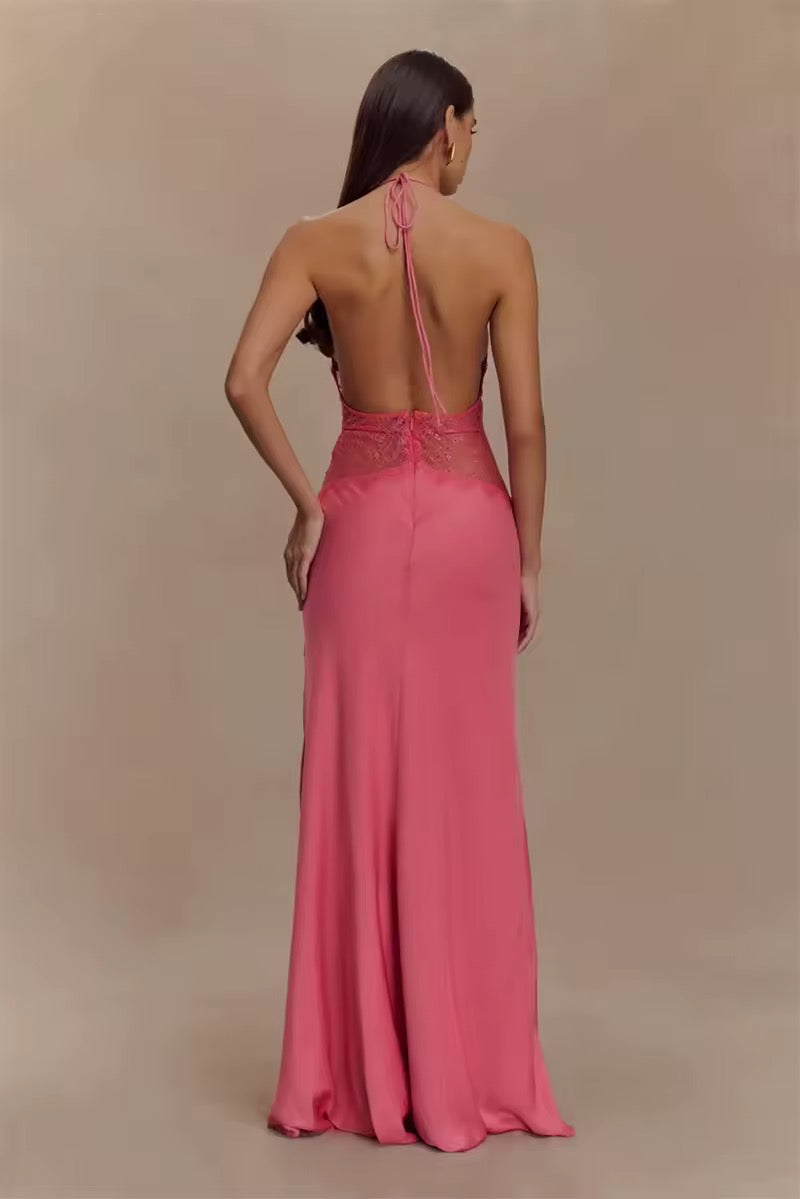 Damen Neckholder Maxikleid mit tiefem V-Ausschnitt und Spitzeneinsatz