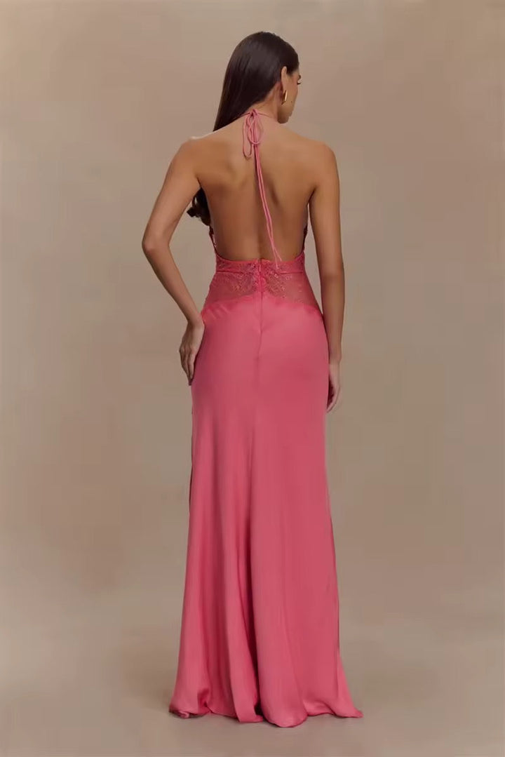 Damen Neckholder Maxikleid mit tiefem V-Ausschnitt und Spitzeneinsatz