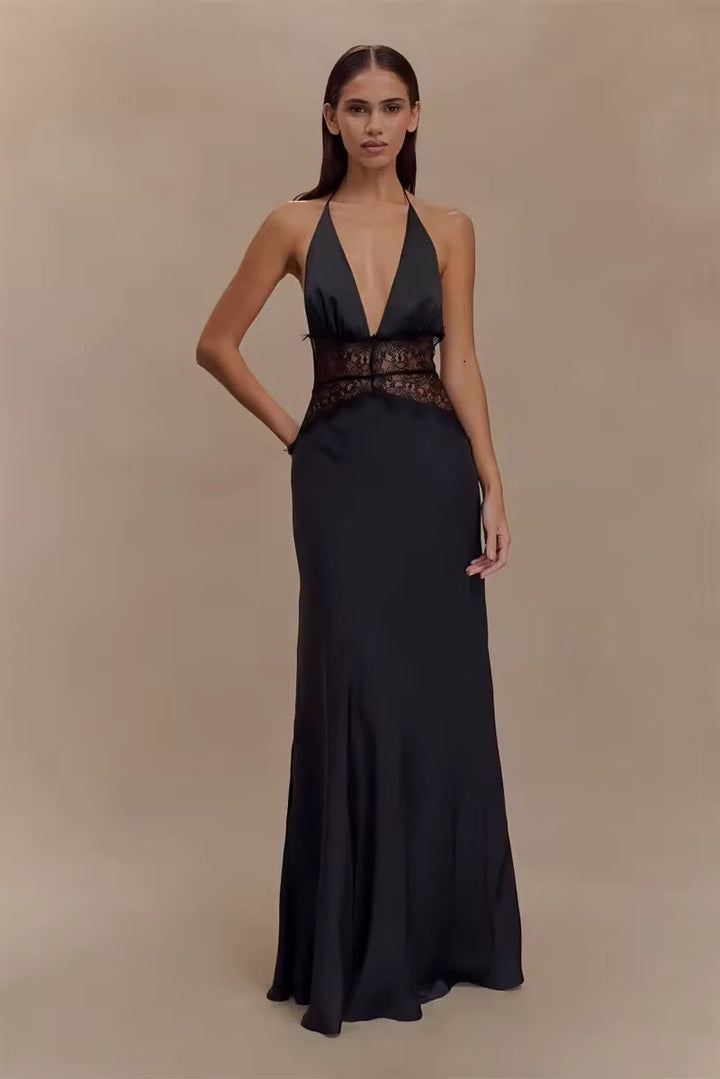 Damen Neckholder Maxikleid mit tiefem V-Ausschnitt und Spitzeneinsatz