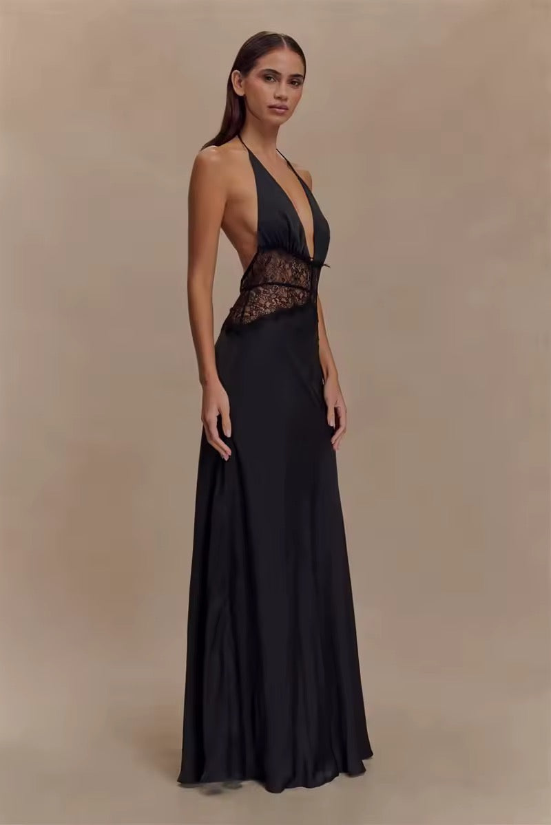 Damen Neckholder Maxikleid mit tiefem V-Ausschnitt und Spitzeneinsatz