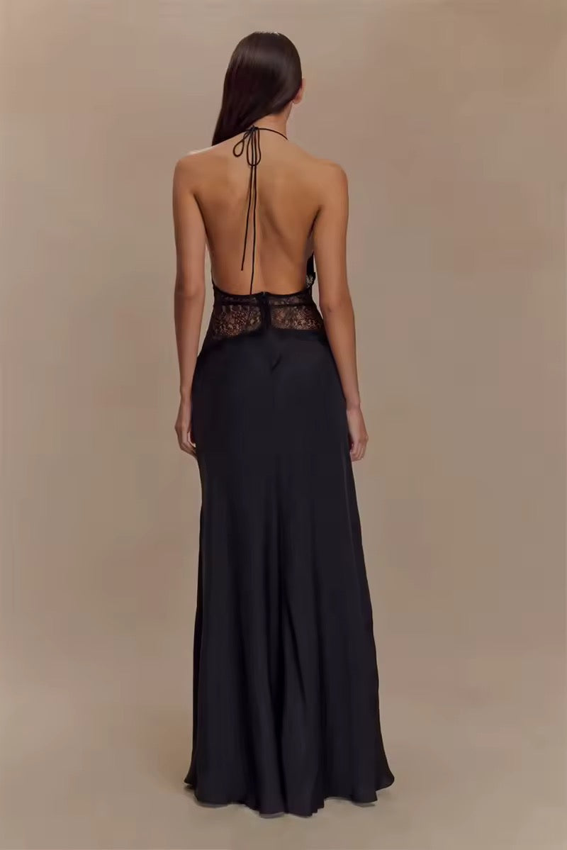 Damen Neckholder Maxikleid mit tiefem V-Ausschnitt und Spitzeneinsatz