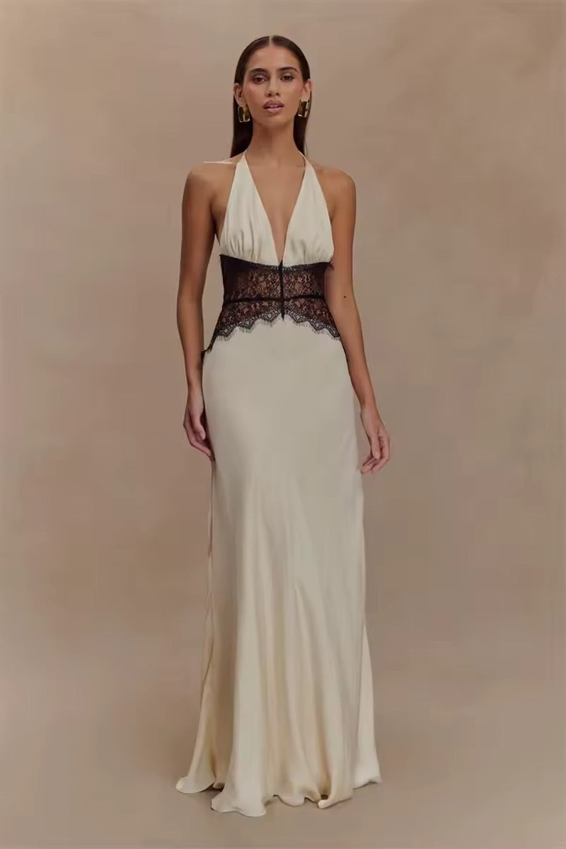 Damen Neckholder Maxikleid mit tiefem V-Ausschnitt und Spitzeneinsatz
