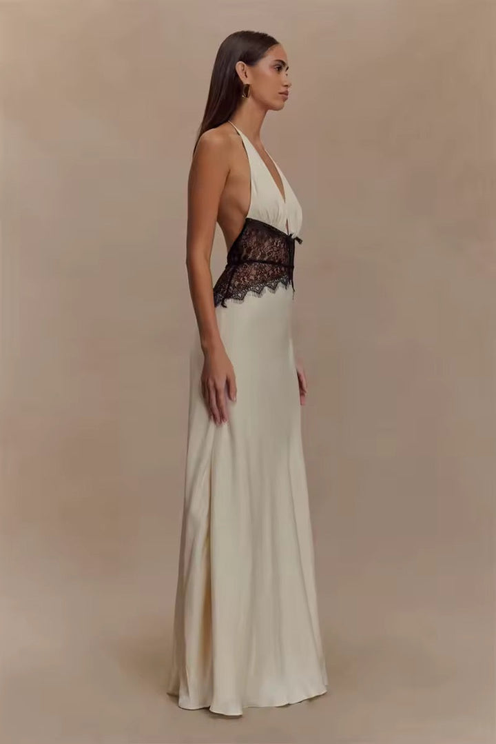Damen Neckholder Maxikleid mit tiefem V-Ausschnitt und Spitzeneinsatz