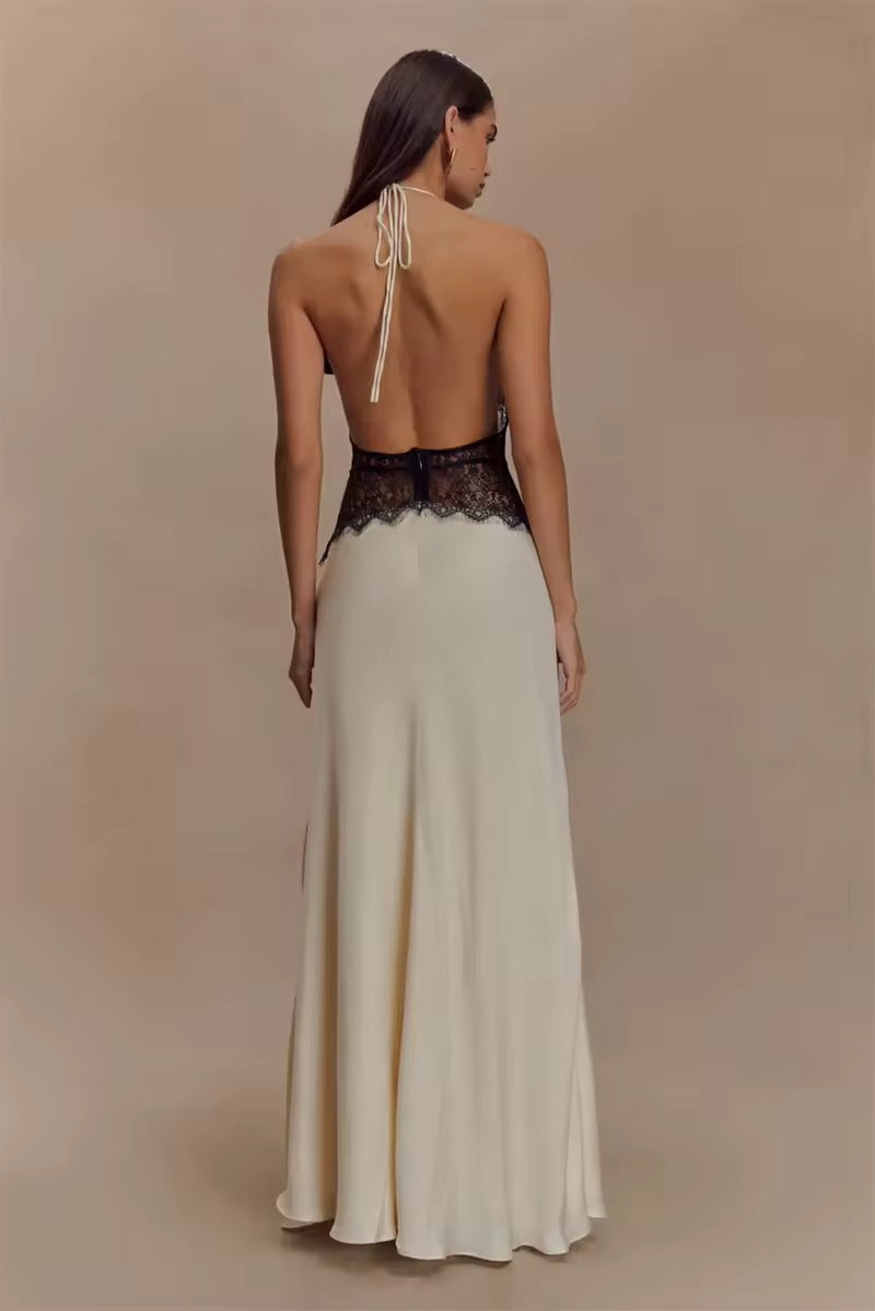 Damen Neckholder Maxikleid mit tiefem V-Ausschnitt und Spitzeneinsatz