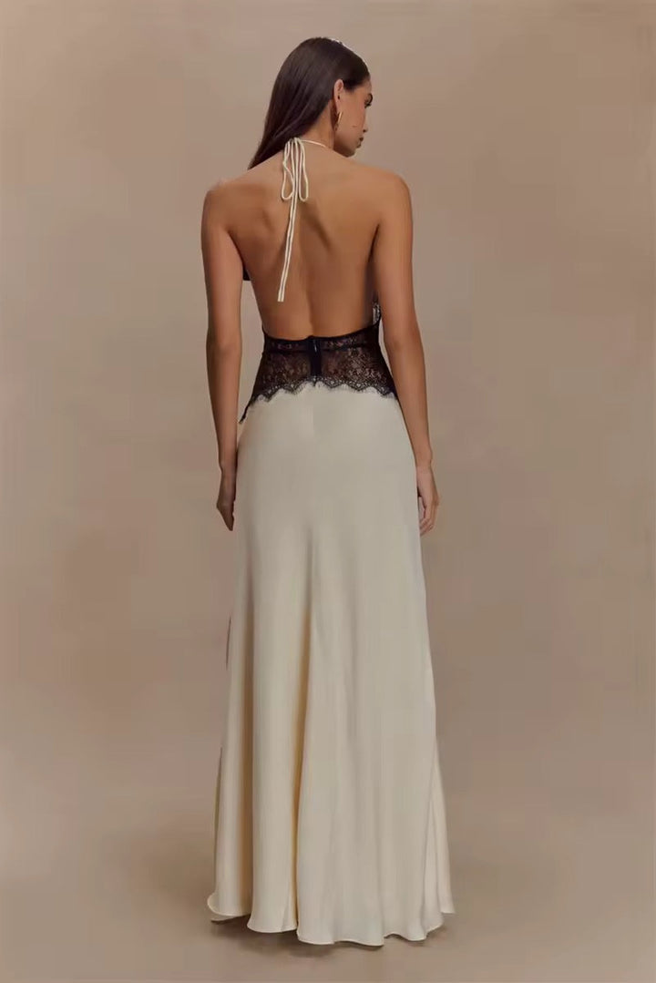 Damen Neckholder Maxikleid mit tiefem V-Ausschnitt und Spitzeneinsatz