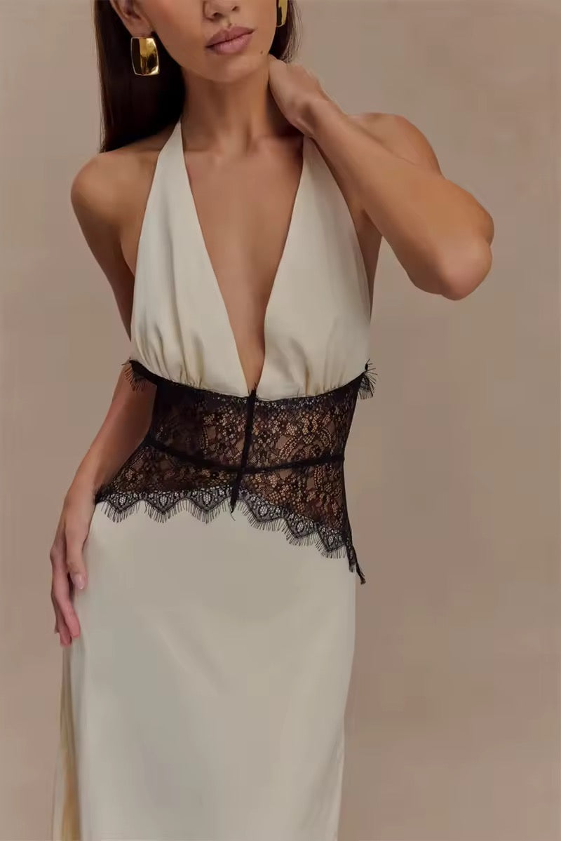 Damen Neckholder Maxikleid mit tiefem V-Ausschnitt und Spitzeneinsatz