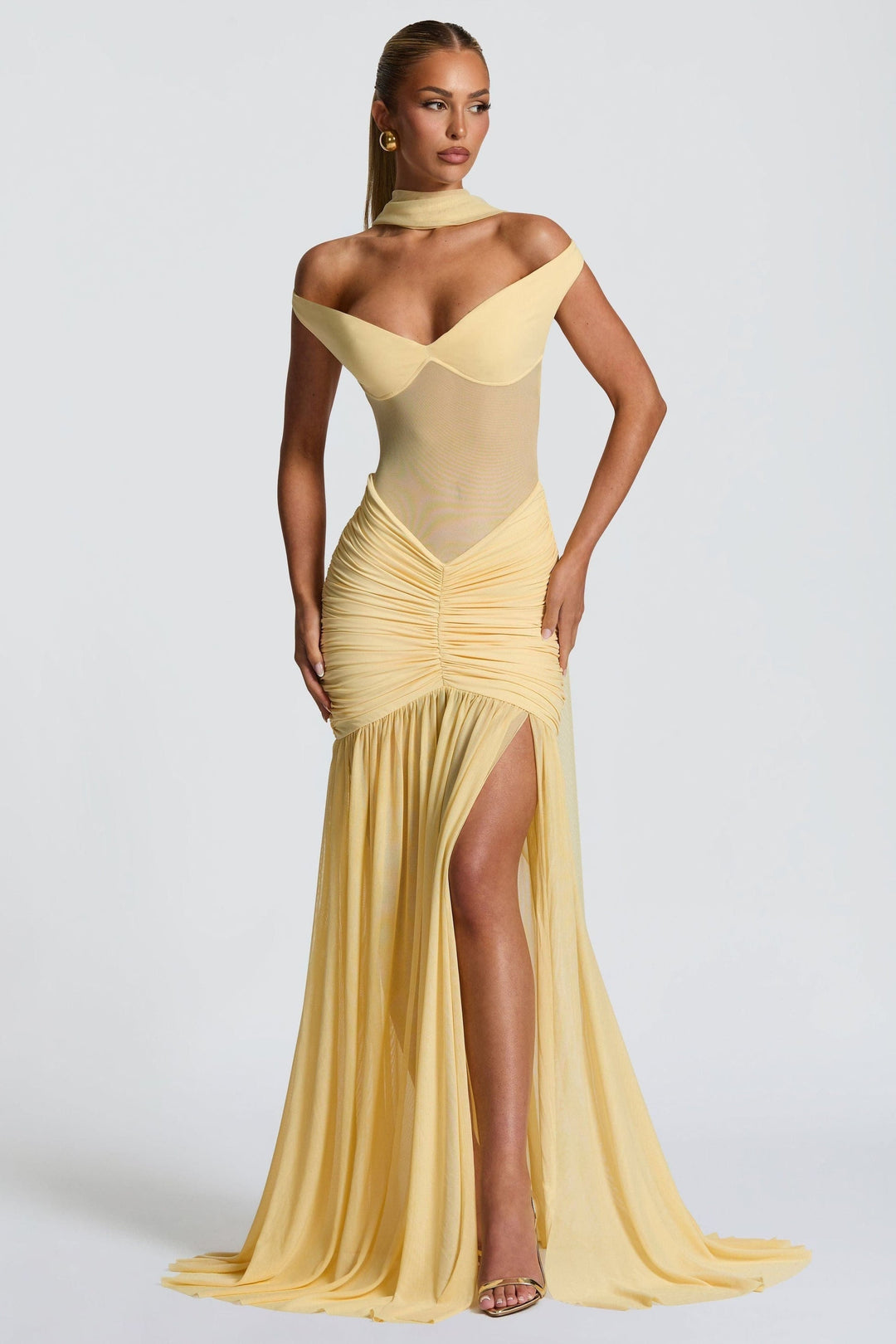Damen Off-Shoulder Maxikleid mit Schalpartie und halbtransparentem Oberteil