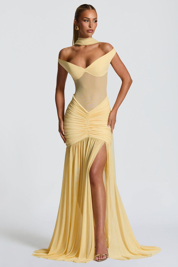 Damen Off-Shoulder Maxikleid mit Schalpartie und halbtransparentem Oberteil