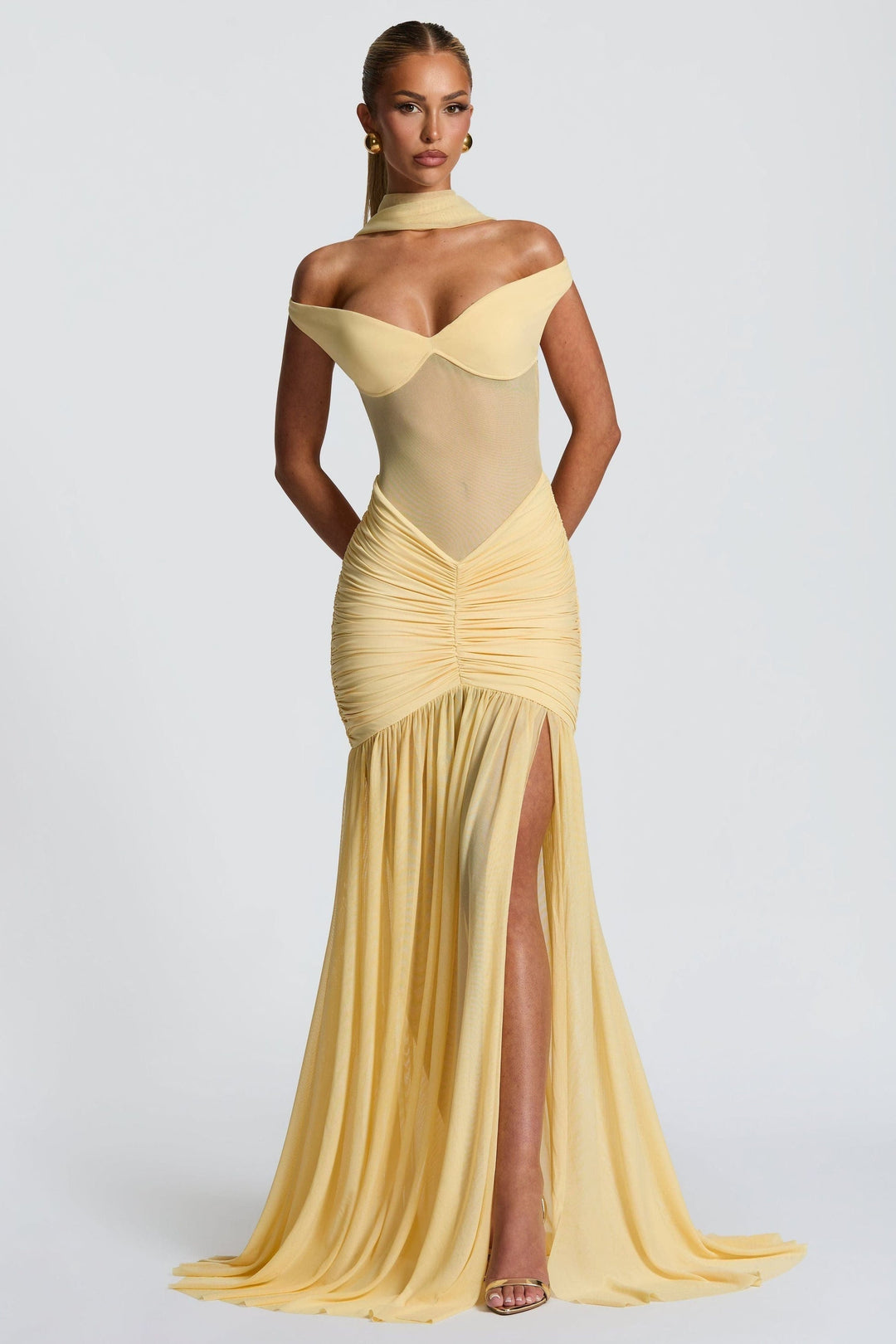 Damen Off-Shoulder Maxikleid mit Schalpartie und halbtransparentem Oberteil