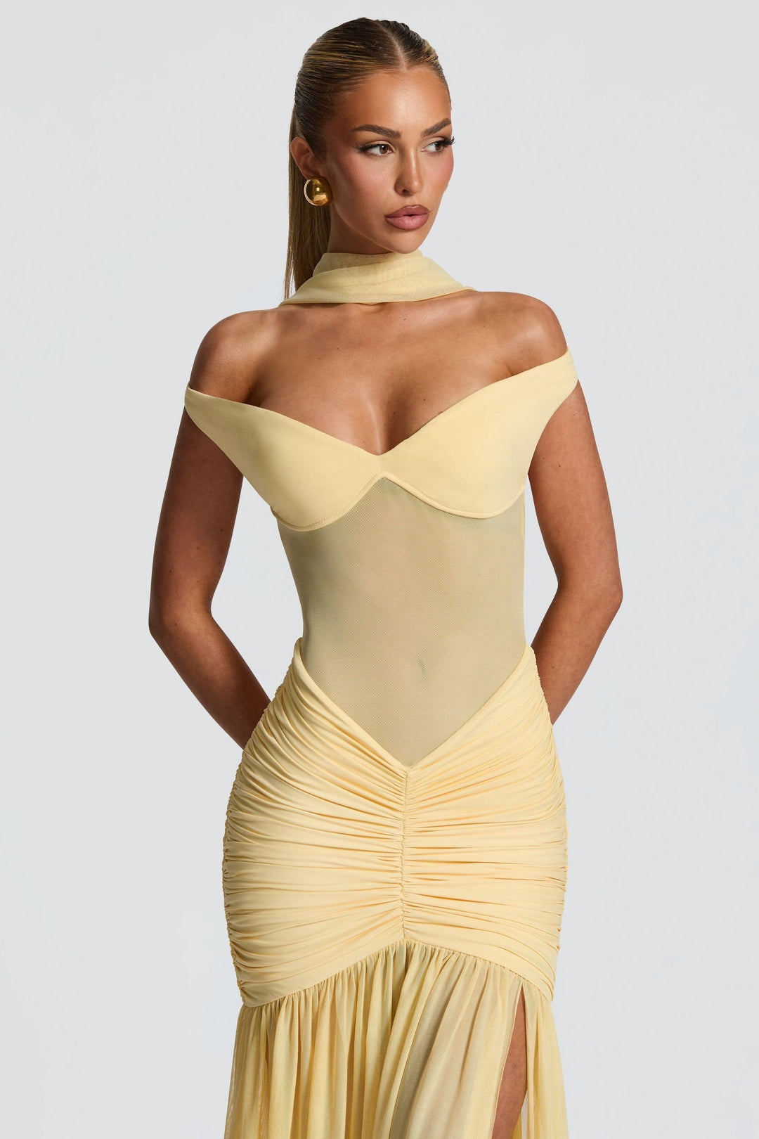 Damen Off-Shoulder Maxikleid mit Schalpartie und halbtransparentem Oberteil