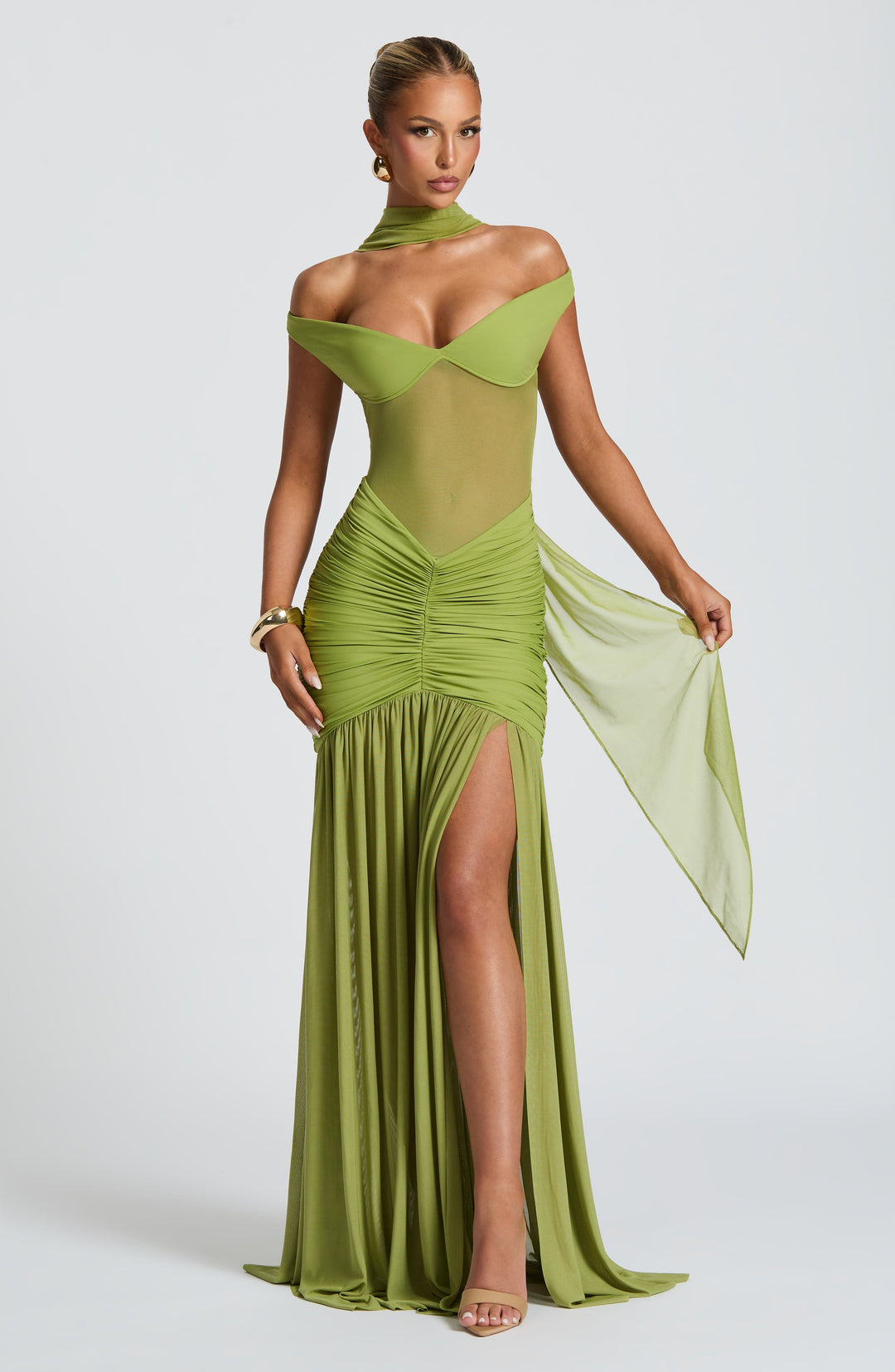 Damen Off-Shoulder Maxikleid mit Schalpartie und halbtransparentem Oberteil