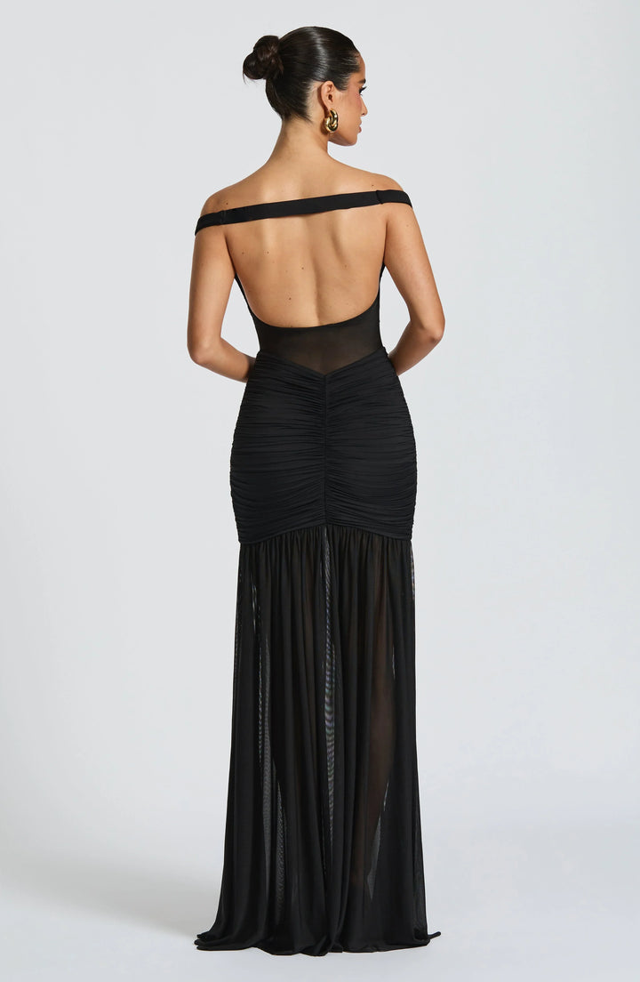 Damen Off-Shoulder Maxikleid mit Schalpartie und halbtransparentem Oberteil