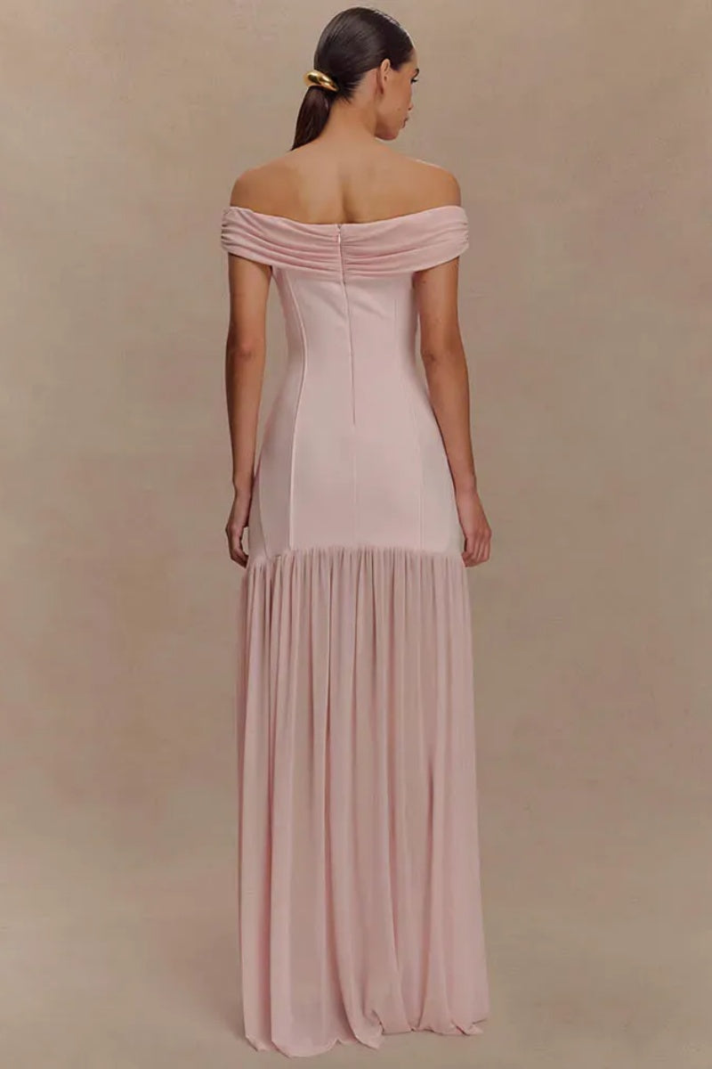 Damen Off-Shoulder Maxikleid mit Zierapplikation und plissiertem Rockteil