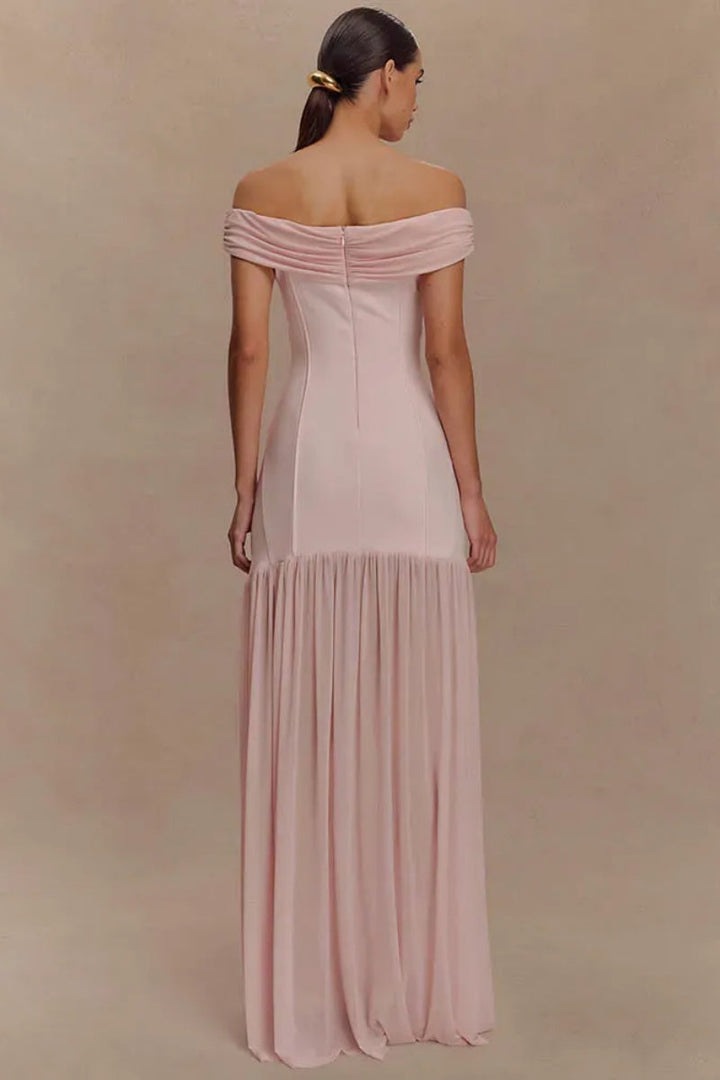 Damen Off-Shoulder Maxikleid mit Zierapplikation und plissiertem Rockteil