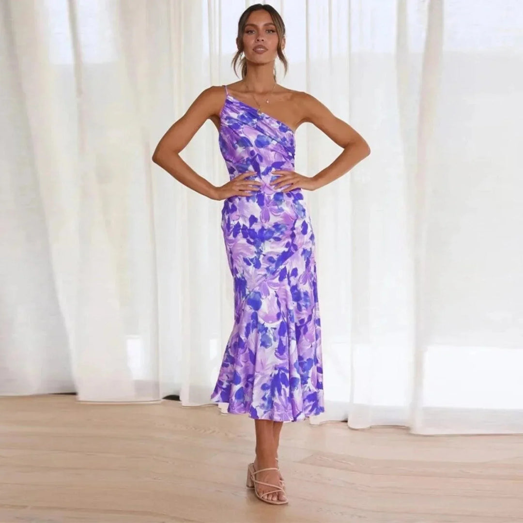 Damen One-Shoulder-Midikleid mit Blumenmuster und Drapierung am Schulterbereich mit glänzender Oberfläche