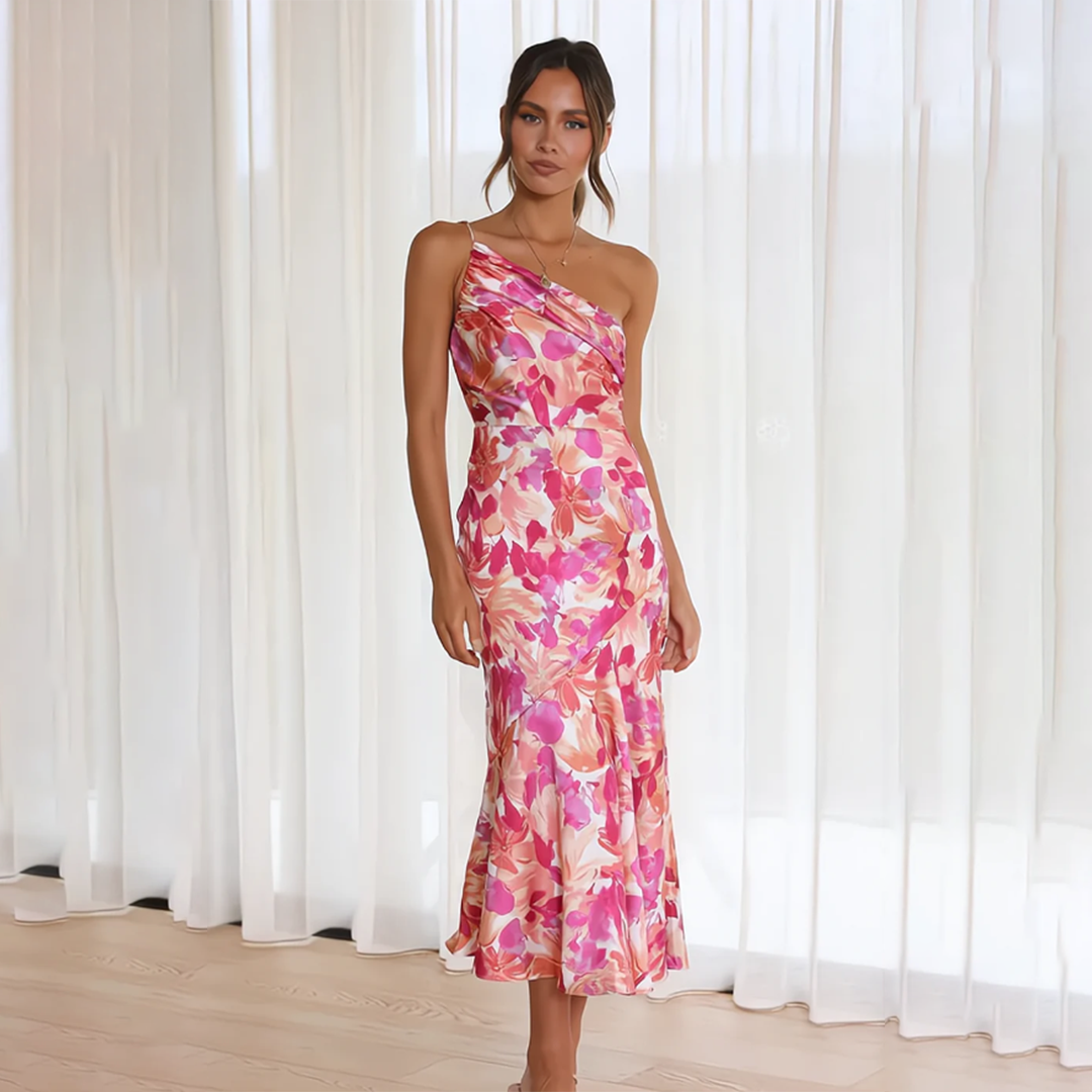 Damen One-Shoulder-Midikleid mit Blumenmuster und Drapierung am Schulterbereich mit glänzender Oberfläche