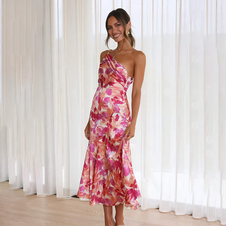 Damen One-Shoulder-Midikleid mit Blumenmuster und Drapierung am Schulterbereich mit glänzender Oberfläche