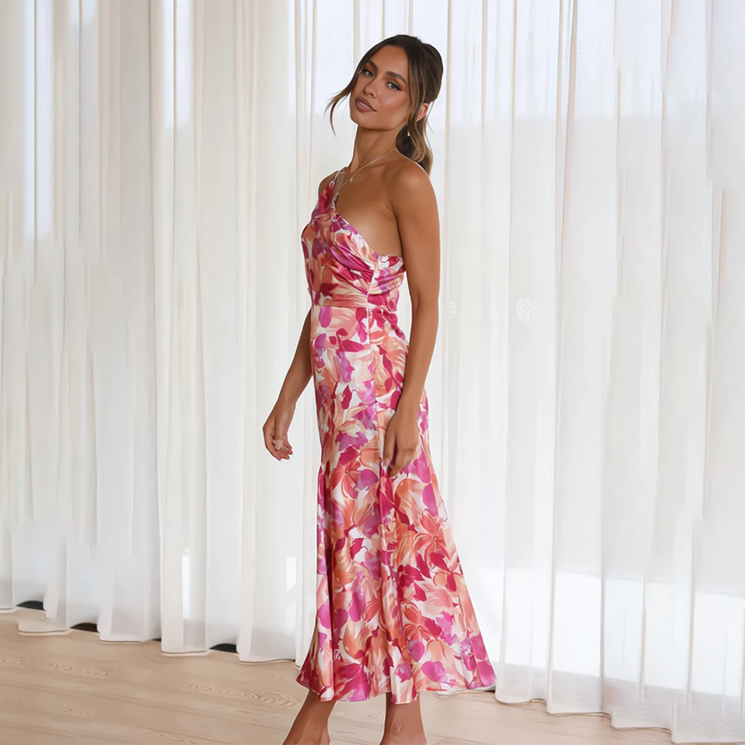 Damen One-Shoulder-Midikleid mit Blumenmuster und Drapierung am Schulterbereich mit glänzender Oberfläche