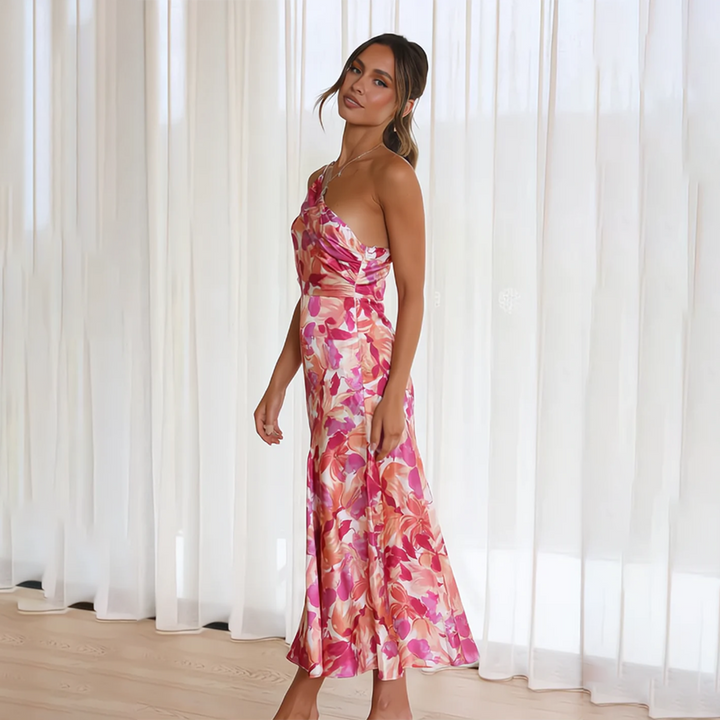Damen One-Shoulder-Midikleid mit Blumenmuster und Drapierung am Schulterbereich mit glänzender Oberfläche