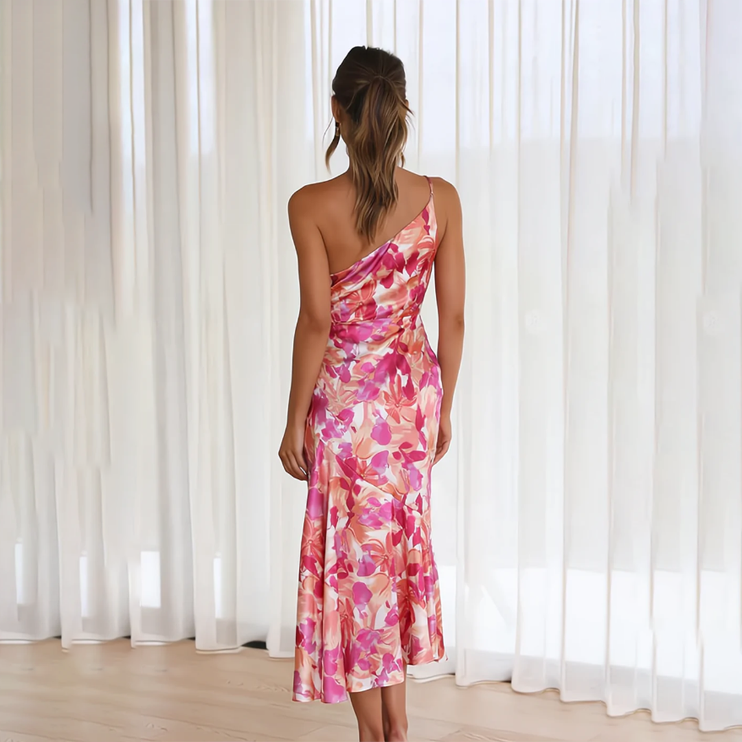 Damen One-Shoulder-Midikleid mit Blumenmuster und Drapierung am Schulterbereich mit glänzender Oberfläche