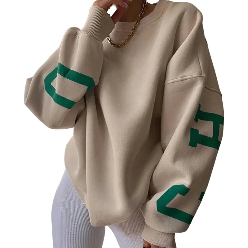 Damen Oversize Pullover mit Rundhalsausschnitt und Ärmeldruck-Women Sweaters-Alpenkind