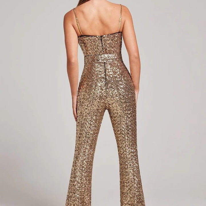 Damen Pailletten Jumpsuit mit Herzausschnitt und weiten Hosenbeinen