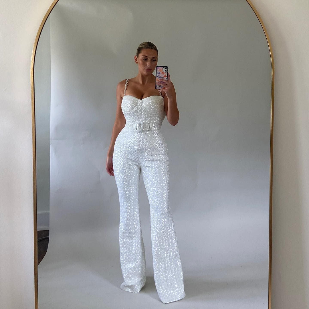 Damen Pailletten Jumpsuit mit Herzausschnitt und weiten Hosenbeinen