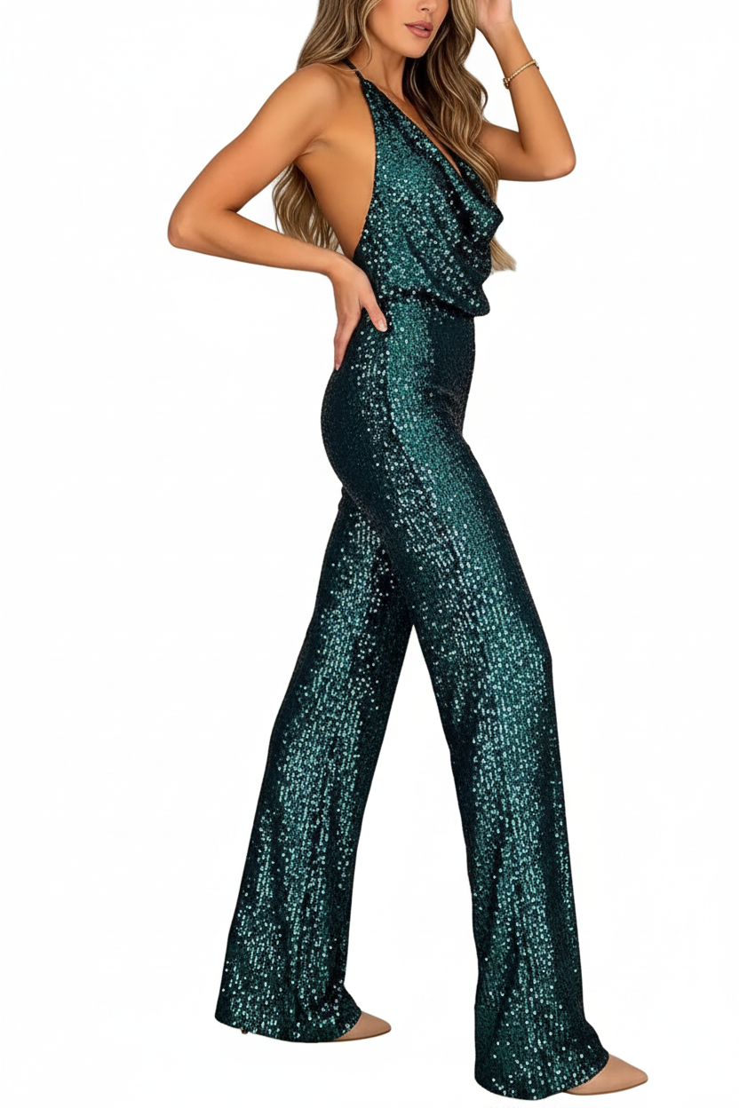 Damen Pailletten Jumpsuit mit Neckholder-Jump suit-Alpenkind