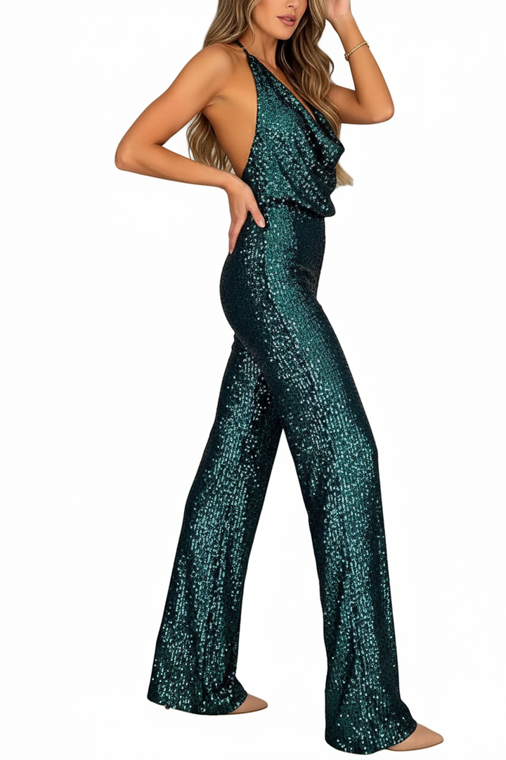 Damen Pailletten Jumpsuit mit Neckholder-Jump suit-Alpenkind