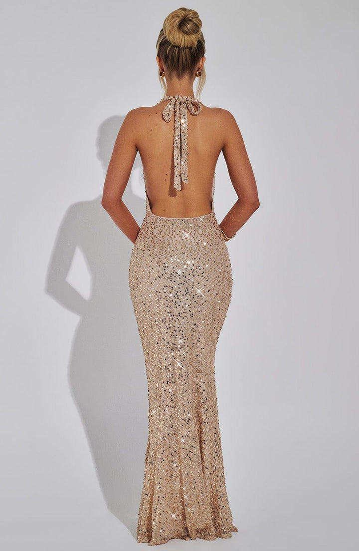 Damen Pailletten Maxikleid mit Halterneck Träger und Tiefem Cowl Ausschnitt