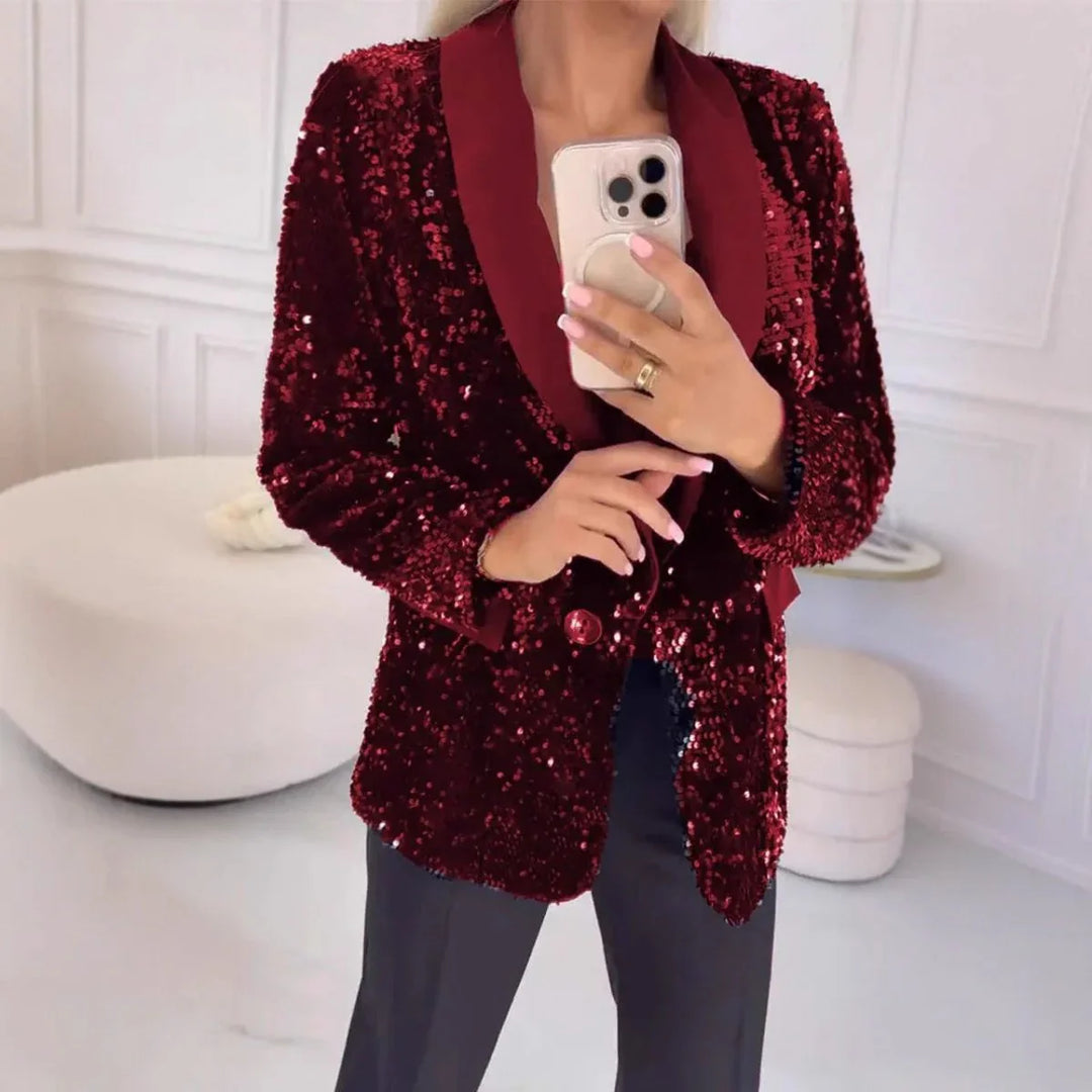 Damen Paillettenblazer mit Schalkragen und Ein-Knopf-Verschluss-Women Blazer-Alpenkind