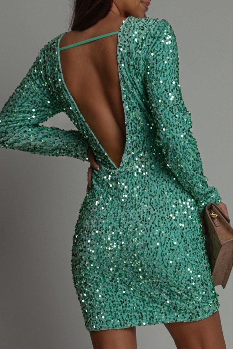 Damen Paillettenkleid mit Rundhalsausschnitt und Langen Ärmeln
