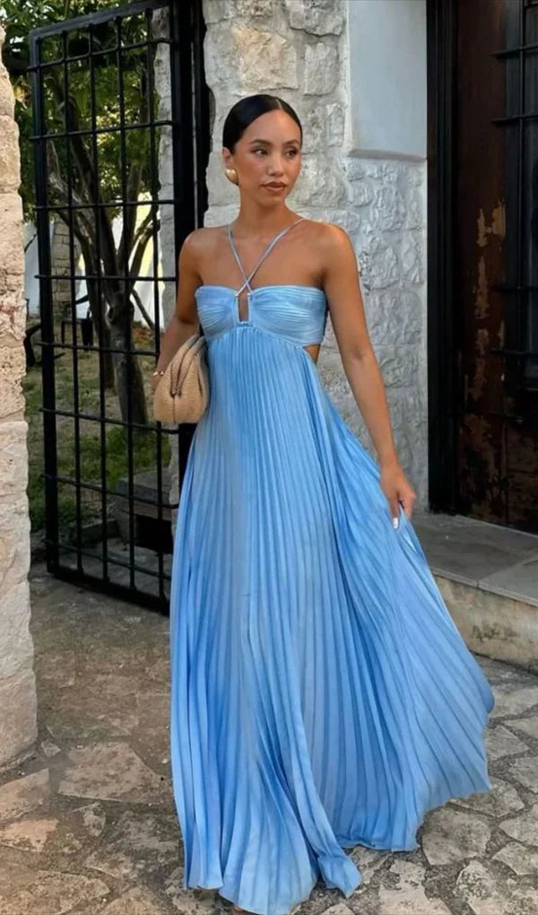 Damen Plissee Maxikleid mit Nackenträgern Aussparungen und geraffter Brustpartie