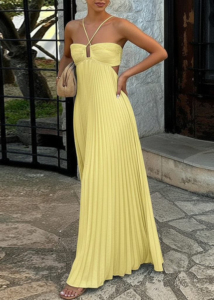 Damen Plissee Maxikleid mit Nackenträgern Aussparungen und geraffter Brustpartie