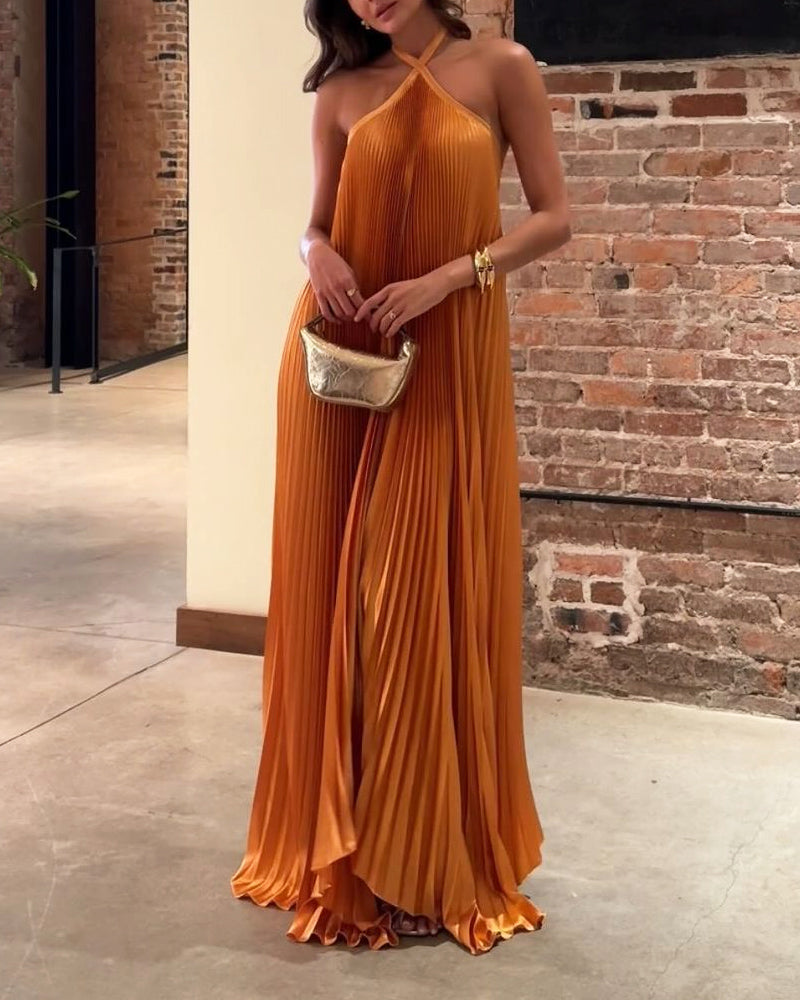 Damen Plissiertes Maxikleid mit gekreuzten Neckholder Trägern