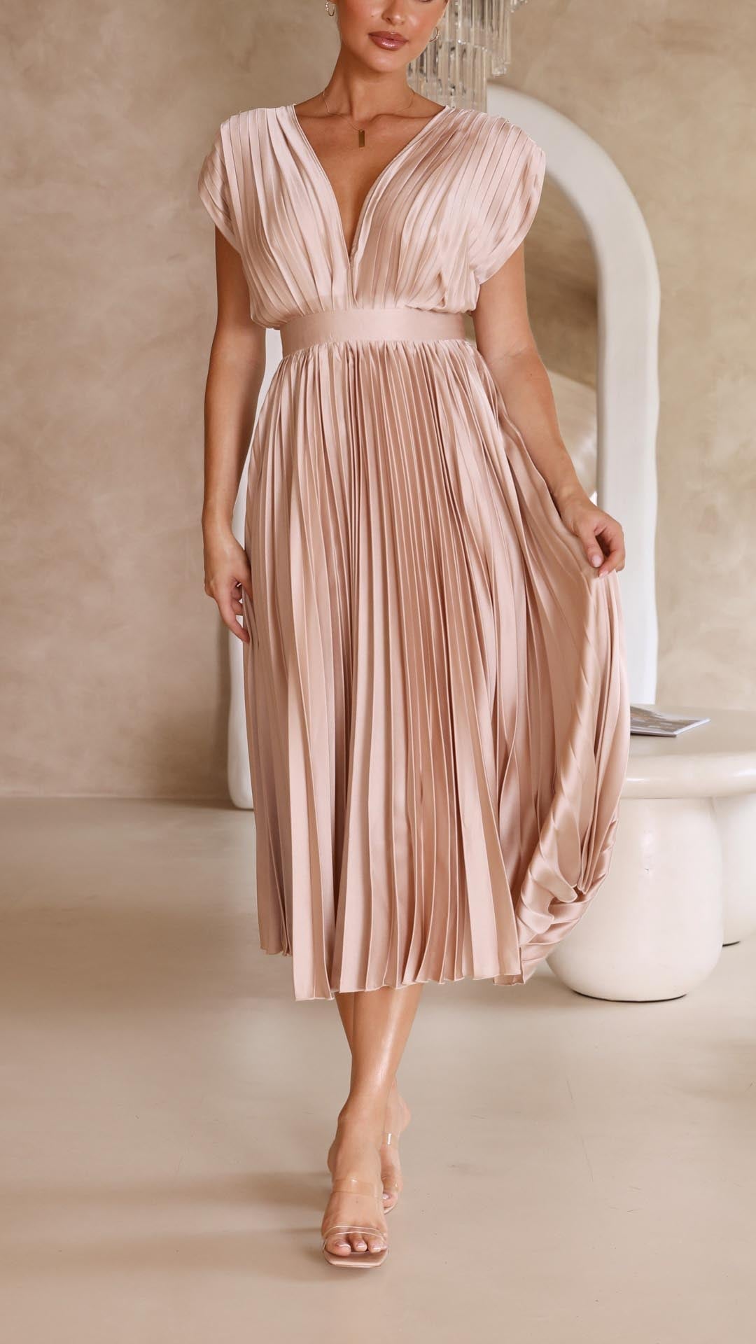 Damen Plissiertes Midikleid mit Tiefem V-Ausschnitt und Taillenband