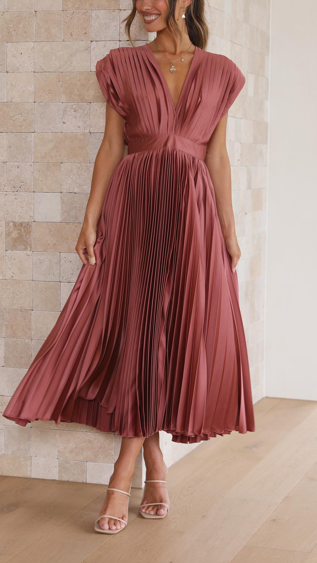 Damen Plissiertes Midikleid mit Tiefem V-Ausschnitt und Taillenband