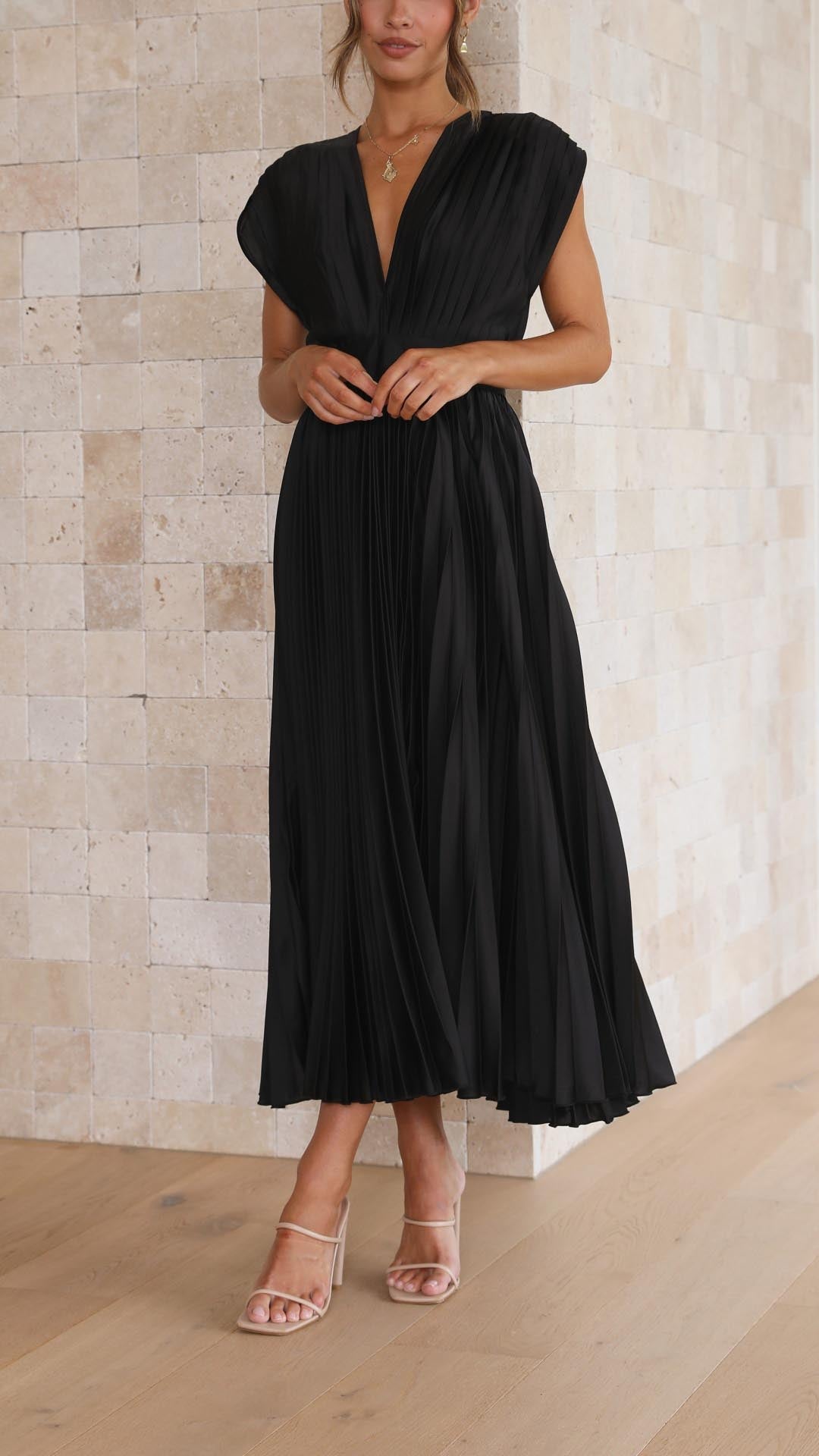 Damen Plissiertes Midikleid mit Tiefem V-Ausschnitt und Taillenband