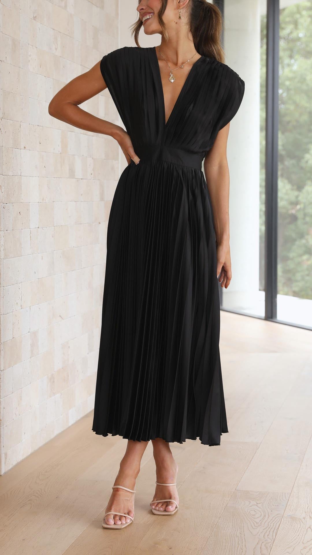 Damen Plissiertes Midikleid mit Tiefem V-Ausschnitt und Taillenband