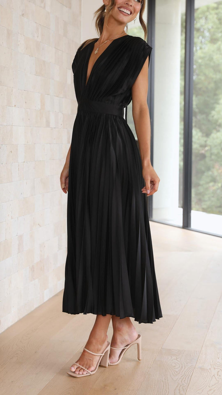 Damen Plissiertes Midikleid mit Tiefem V-Ausschnitt und Taillenband