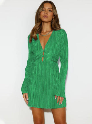 Damen Plissiertes Minikleid mit V-Ausschnitt-Mini Dress-Alpenkind