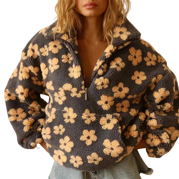Damen Pullover mit Blumenmuster und Reißverschluss-Women Sweaters-Alpenkind