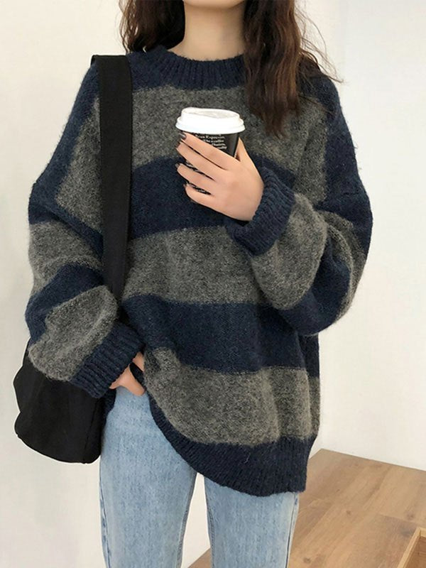 Damen Pullover mit Breiten Streifen Rundhals Langen Ärmeln und Rippbündchen