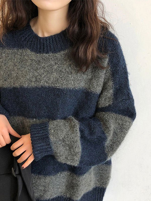Damen Pullover mit Breiten Streifen Rundhals Langen Ärmeln und Rippbündchen